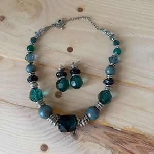 Chico's Teal Beaded Necklace & Matching Dangle Earrings Statement Set